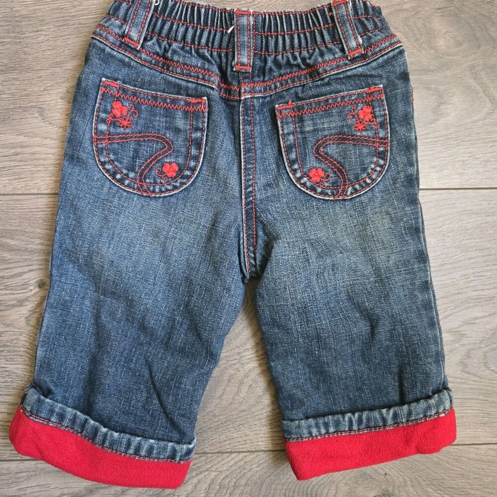 Vintage Old Navy Baby 3-6M Fleece Lined Denim Jeans Red Embroidered Floral Y2K